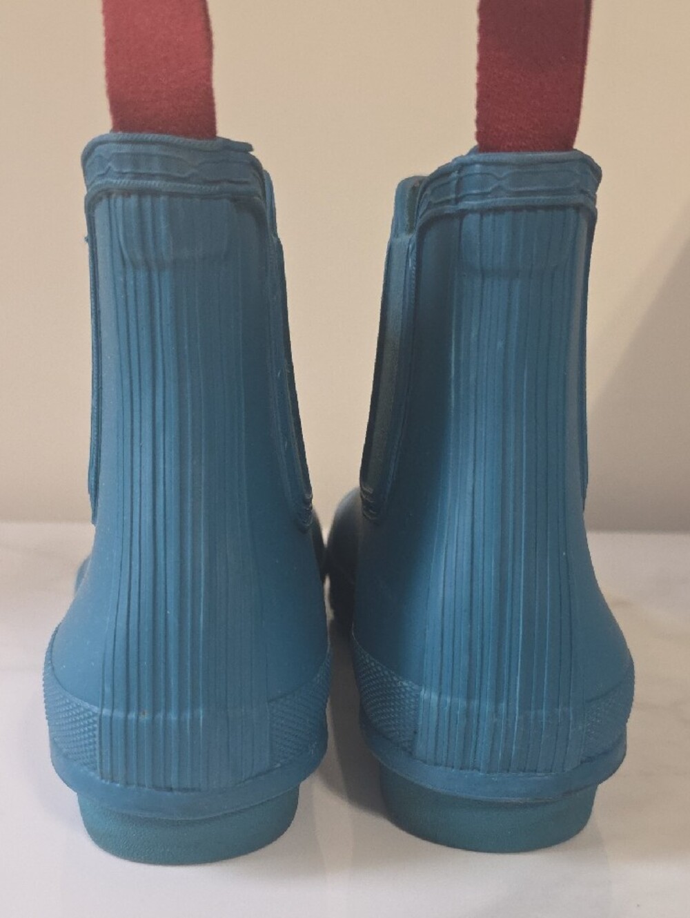 Hunter Womens Teal Chelsea Rain Boots with Red Pull Tabs - Picture 4 of 10